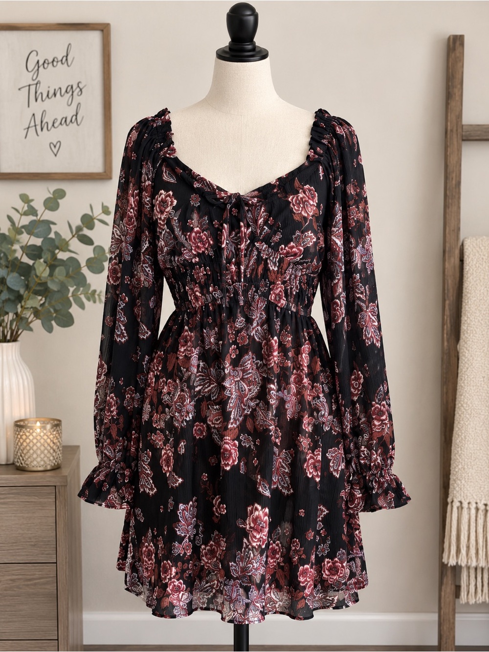 Maurices Black Floral Long-Sleeve Smocked Mini Dress